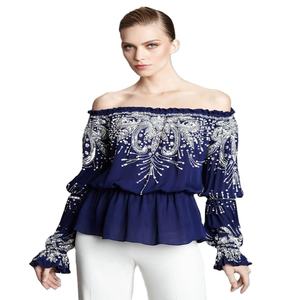 Signature Executive Peplum <b>White</b> Bead Embroidered Full Sleeve <b>Top</b> Navy Blue Colored Long Frill Sleeve <b>Top</b> Elasticated <b>Top</b> - Product Image 3