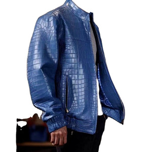 Chaqueta Bomber de Cuero con Grabado de Cocodrilo Azul para Hombre, Cuello Alto, Cierre de Cremallera, Estilo Motociclista, Corte Regular, para Otoño - Product Image 2