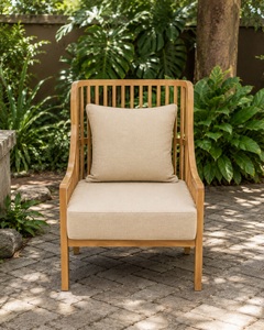 Chaise longue d'extérieur en teck massif moderne, finition naturelle avec coussin beige, mobilier de jardin contemporain, modèle CHA48 - Product Image 2