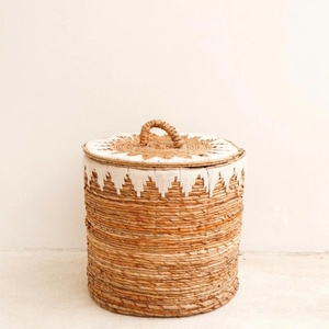 Handmade Natural Water Hyacinth <b>Laundry</b> Hamper with Lid Storage Baskets for Organizing with Cotton from Vietnam - Product Image 1