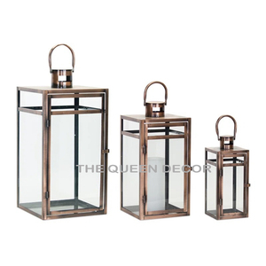 <b>Marvelous</b> Design Rose Gold Finish Metal Candle Lantern With Handle Sets of 2 Clear Glass & Hanging Use Tabletop Accessory - Product Image 6