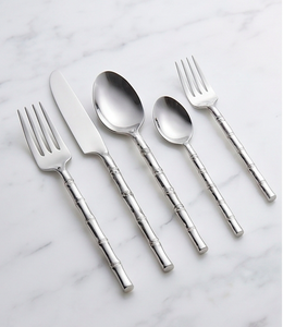 Juego de cubiertos de acero inoxidable con diseño de bambú, acabado de alto brillo, apto para lavavajillas, vajilla moderna para bodas y uso diario. - Product Image 1