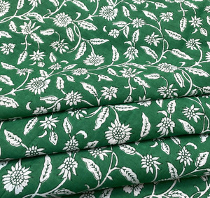 Eco-Friendly Green Floral Vine Hand Block Print Cotton <b>Fabric</b> Indian Sanganeri Botanical Fashion Accessories Bags Boys Girls - Product Image 1