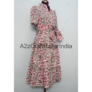 Vestido Midi de Mujer, Diseño Indio Hecho a Mano, 100% Algodón, Estampado Floral, Corte en A, Cuello en V, Mangas Cortas, Bolsillos, Decoración con Botones - Product Image 5