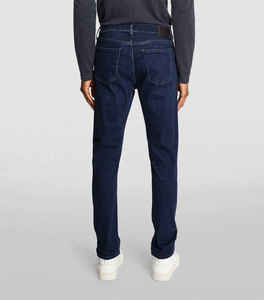 Jeans en denim bleu décontracté pour hommes, coupe droite, taille basse, longueur intégrale, en coton délavé, avec logo personnalisé sur le devant, toutes saisons, vente en gros - Product Image 2