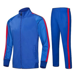 Ensemble de survêtement pour homme, bleu et rouge à rayures, fermeture éclair intégrale, style sportif, polyester à séchage rapide, pantalon de jogging avec poches latérales, vêtements d'automne - Product Image 1