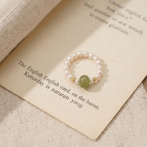 Nouvel ensemble de bagues ajustables en acier inoxydable avec aventurine, perle naturelle, jade vert et or pour femmes, bijoux de mariage, style minimaliste - Product Image 2