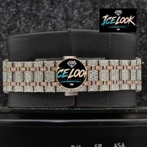 ICE LOOK นาฬิกาข้อมือสแตนเลสสตีลสุดหรูสำหรับผู้ชาย 41 มม. ขอบหน้าปัดประดับเพชรโมอิสซาไนต์ ระบบควอตซ์แบบอนาล็อก คริสตัลแซฟไฟร์ ปุ่มกด - Product Image 3
