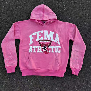 Sweat-shirt à capuche rose FEMA Athletic, logo avant orné de strass, coupe décontractée unisexe, vêtement d'automne - Product Image 2