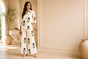Ensemble de pyjama bohème pour femme à imprimé floral, vêtements de détente de luxe en coton, vente en gros, chemisier ample boutonné et pantalon palazzo assorti - Product Image 5