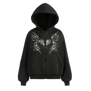 Women's <b>Red</b> Hooded Zip-Up Rhinestone <b>Hoodies</b> Fleece Casual Full Sleeve Letter Print Autumn Rhinestone Hoodie - Product Image 1