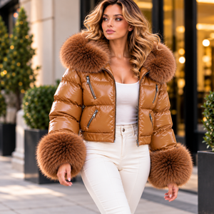 Piumino trapuntato in pelle da donna con collo e polsini in pelliccia / Cappotto invernale alla moda - Product Image 5