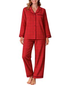 Ensemble de pyjama pour femmes à carreaux rouges personnalisés, manches longues, boutonné, vêtements de nuit en coton doux, ensemble de vêtements de détente à deux pièces, vêtements de maison - Product Image 1