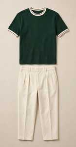T-shirt décontracté pour homme en coton vert foncé à logo frontal, col rond, coupe classique, bordure contrastante, manches courtes, écologique - Product Image 2