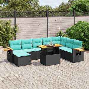 Juego de sofás de patio de ratán sintético negro de 9 piezas con cojines, muebles elegantes para exteriores - Product Image 1