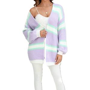 Cardigan en polyester/coton pour femme, nouveau design haut de gamme automne-hiver, à rayures, manches lanternes, col en V, avec appliques sur le devant - Product Image 2