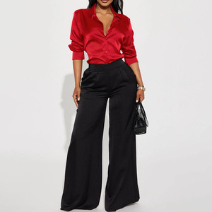 Chemise boutonnée en satin rouge pour femme, manches longues, col rabattu, élégante, pour le bureau, coupe classique, chemisier uni pour femme - Product Image 4