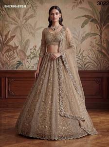 Traje de boda de red con adornos de Zari, Dori, lentejuelas y circonitas, estilo Can-Can, corte A, Lehenga-Choli-Dupatta, a precio mayorista - Product Image 2