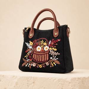 Sac fourre-tout décontracté en toile brodée durable avec doublure en cuir PU, bandoulière croisée, fermeture éclair et motif floral pour femme - Product Image 2