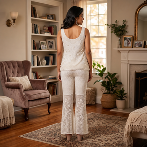 Luxury Women 3D Pearl Co Ord Set Sleeveless Embellished <b>Top</b> Flared Pants Designer Wedding <b>Party</b> Evening Festival Outfit Premium - Product Image 4