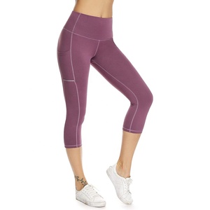 High Waist <b>Cropped</b> <b>Leggings</b> With Pockets Solid Color Sporty Style Spandex Nylon Knitted Stretch Breathable Quick Dry Women's - Product Image 1