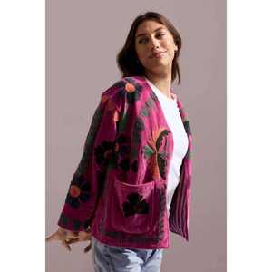 <span class=keywords><strong>Giacca</strong></span> in Cotone <span class=keywords><strong>Fucsia</strong></span> con Ricami Suzani, Motivi Floreali Artistici, Moda Bohémien per Donna, Abbigliamento Autunno-Inverno - Product Image 3