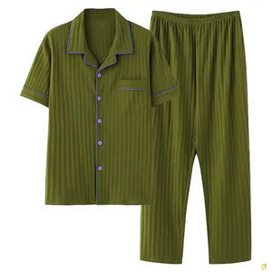 Conjunto de Pijama de Manga Corta para Hombre, Personalizado, de Algodón Tejido, Color Sólido, Cuello Camisero, Ropa de Dormir Informal para Verano - Product Image 4
