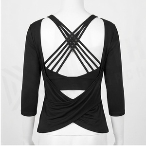 Haut noir uni à col bénitier et manches trois quarts, respirant, en spandex et polyester, pour femme, idéal pour le yoga - Product Image 5