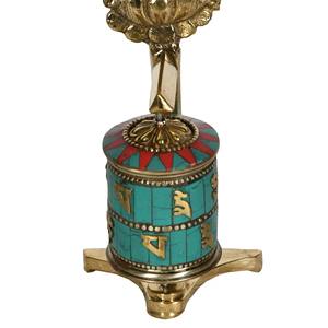 Moulin à prières bouddhiste tibétain de 7 pouces fabriqué à la main avec paire de poissons (Ashtamangala) Article de décoration d'intérieur - Product Image 1