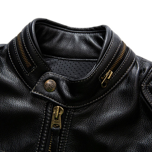 Chaqueta de Motociclista para Hombre, de Cuero Vacuno Genuino, Alta Calidad, Cuello Alto, Cierre de Cremallera, Resistente al Viento, Corte Ajustado, Estilo Motero - Product Image 5
