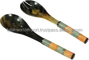 Cubiertos hechos a mano de la mejor calidad Cuerno de búfalo Cucharas de mango largo Cuerno Cucharas para servir ensalada Acero espejado por FWE - Product Image 3