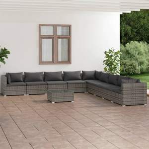 Ensemble de salon de jardin en rotin PE gris avec mobilier de patio en acier thermolaqué et accessoires en plastique et en verre - Product Image 1