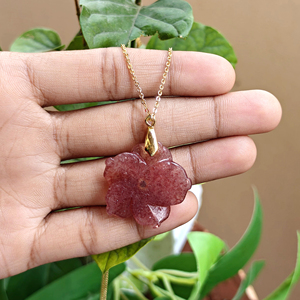 Luxurious cherry quartz blossom pendant necklace black cz gemstone 18k gold plated brass <b>cable</b> chain handmade statement jewelry - Product Image 4