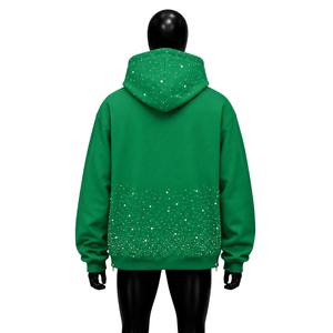 Sweat à capuche zippé vert orné de strass, coupe oversize, style streetwear, personnalisé, entièrement zippé, mode décontractée - Product Image 2