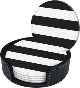 Stripes Black White Leather Coasters For Drinks, 6 Pcs Leather Coaster With Holder, Round Cup Mat <b>Pad</b> Set For Home And Kitchen - Product Image 5