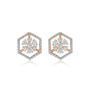 Luxury Two Tone Gold and <b>Silver</b> Lab Grown Floral <b>Stud</b> Earrings with Sparkling Pavé Hexagonal Frame and Elegant Earring - Product Image 1