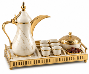 Dallah Metal <b>Tea</b> <b>Set</b> with Gold Accents Heat-Resisting Middle Eastern Style Decorative Tray - Product Image 1