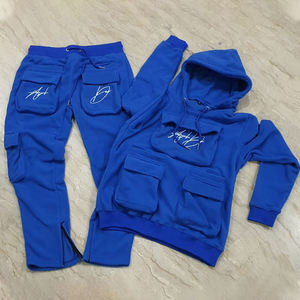 Custom Men Royal Blue <b>Cargo</b> Tracksuit Heavyweight Fleece Hoodie Tech <b>Pants</b> Set Mens Streetwear Embroidery Jogger Suit Sets - Product Image 1