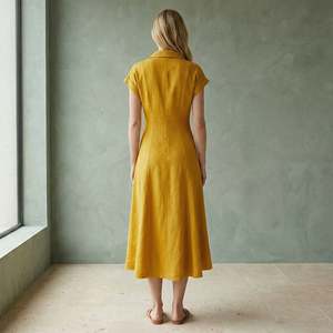 Hermoso Vestido Midi Amarillo de Algodón y Lino con Paneles en Línea A para Mujer, con Tela Ligera, Estilo Moderno y Ajuste Cómodo - Product Image 5