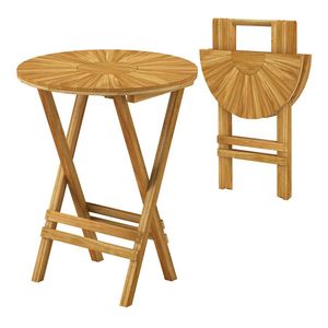 Patio Folding Teak Wood Round End <b>Table</b> with Slatted Tabletop and X-Shaped Frame for Outdoor Use - Product Image 2