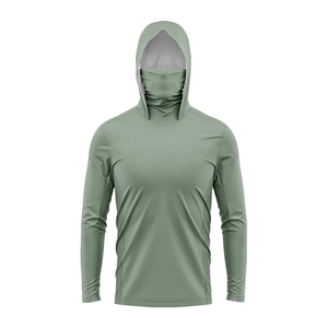 Wholesale Men's Solid Green Long Sleeve Hooded UV Protection Fishing Shirt with Face Cover Upf 50 Breathable Polyester Pullover - Product Image 1