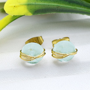 Wire Wrapped Aquamarine Earrings | Round Blue Stone <b>Studs</b> | Handmade Jewelry Gift - Product Image 4