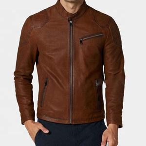 Men's Brown Genuine Leather Moto <b>Jacket</b> Stand Collar Zipper Closure <b>Slim</b> <b>Fit</b> Regular Length Autumn Wear - Product Image 1