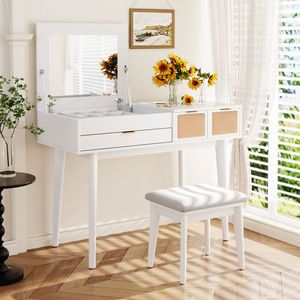 43.3 \ "Set classico trucco in legno bianco con sgabello a specchio ribaltabile e tavolo da bagno salvaspazio a tre cassetti - Product Image 1