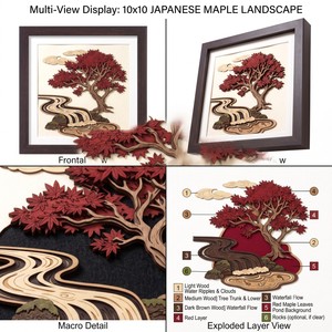 Premium 3D Wooden Veneer <b>Wall</b> Art | Crimson Maple Tree & Waterfall | Handcrafted Laser Cut Home Decor <b>Frame</b> - Product Image 5