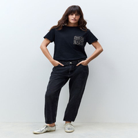 T-shirts à manches courtes pour femmes, best-sellers, noirs, ornés d'appliques, imprimés léopard, avec poche, coupe ajustée, 100% coton et élasthanne