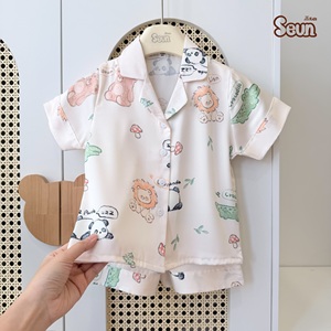 Conjunto de Pijama de Manga Corta y Pantalones Cortos de Seda Latina para Niños SeunKids, Ropa de Dormir Suave y Cómoda para Verano, Vietnam - Product Image 2