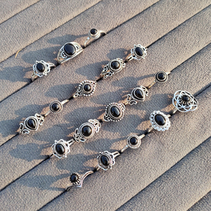 Noir Elegance Black Onyx Brass Handmade Vintage Silver Plated Adjustable Bohemian Gemstone Wedding <b>Rings</b> Unisex Wholesale - Product Image 2