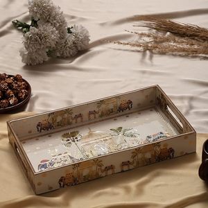 Bandeja Decorativa Rectangular Ligera de Madera Esmaltada, Grabada en Oro, Pintada a Mano, Estilo Art Deco, para Servir, Bodas, Ramadán, Mesa - Product Image 5