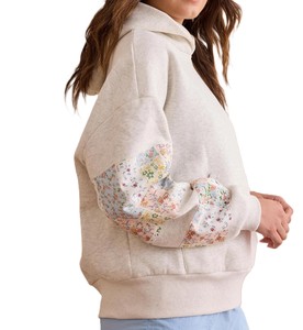Unisex Hooded Sweatshirt Patchwork Floral Sleeve Oversized Casual Spring French Terry Knitted Pullover Light Beige with Pockets - Product Image 5